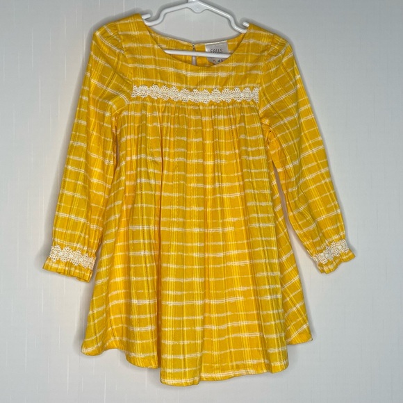 Falls Creek Other - Falls Creek Kids Yellow Plaid Dress White Lace Peasant Cotton Dress size 3T
